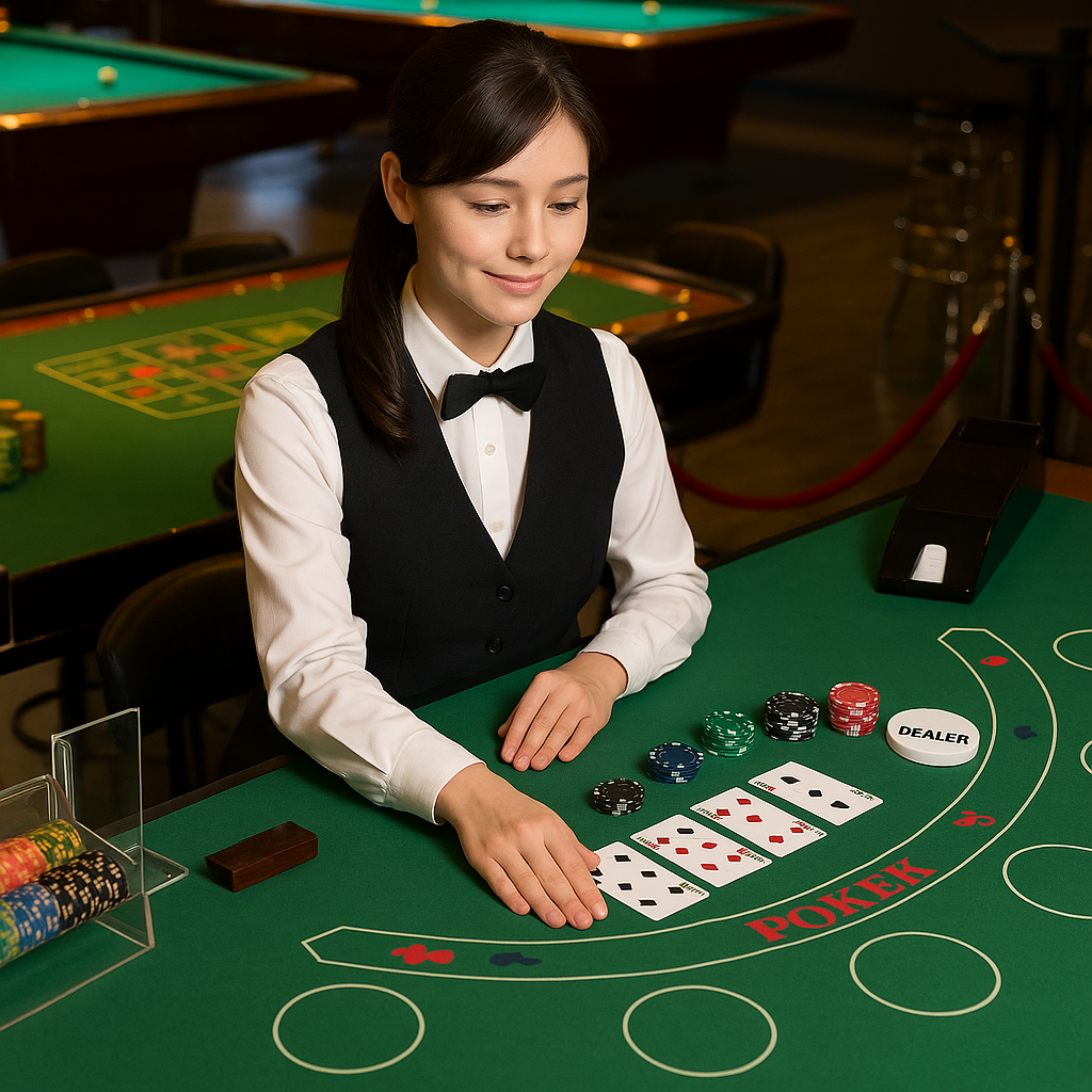 ポーカーディーラーの仕事イメージ（配札・チップの取り扱い）